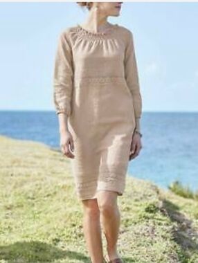 J. Jill Love Linen Dress Women Beige Sheath 100% Linen Embroidered Ruched Cottag